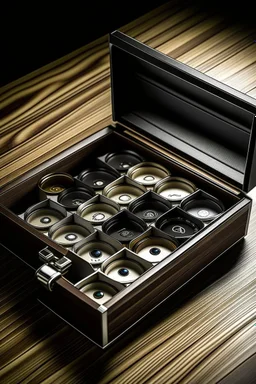 "Produce a picture of a Key Bey Berk watch box, emphasizing its sleek and modern design, featuring multiple compartments and a secure locking mechanism."