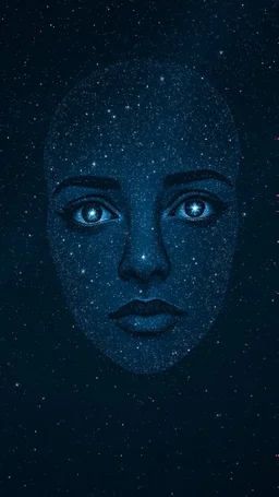 An eerily mesmerizing scene of a surreal nightscape, where the vast, inky canvas of the sky is brought to life by the ethereal visage of a woman. Her face, composed of hundreds of twinkling stars, emerges from the cosmic tapestry, each star a meticulous brushstroke in this celestial portrait. The woman's eyes, two luminous orbs, gaze serenely downward, reflecting the mysteries of the universe held within their depths. Her delicate features, from the arc of her eyebrows to the gentle curve of her