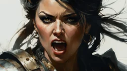 portrait of a Woman Warrior, angry, screaming, hand Fist 5 fingers :: Robert McGinnis + Jeremy Mann + Karn Griffiths, clear contours, clear lines, detail, fine rendering, high resolution, 64K, photorealism, precise focus,