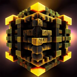 a mandelbox 3d fractal made of small metallic random color cubes