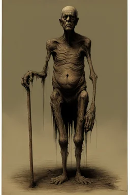 The full body of a fat old man holding a cane , front view,decayed and rotting with grotesque proportions and imagery. surreal horror, biomechanical design, by hr giger and beksinski