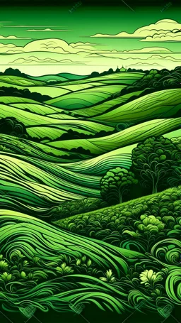 Dark green hilly meadows near a farmland in Art Nouveau art style