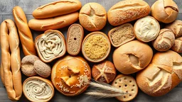 All kinds of fancy breads, including baguettes, toasts, sandwiches, hamburgers, shirmal, dumplings, toast, toast, bagel, banana, bread steak, brioche, brown, ciabatta, corn, pita, pretzel, pumpernickel, rye, sourdough, tortilla, white, And whole wheat and wheat ears and sesame seeds in the picture