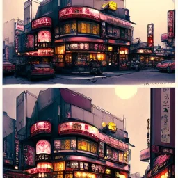  "Corner view,Kawaii Japan bar in kabukicho,Golden hour, book illustration by Jean Baptiste Monge,Jeremy Mann"Details corner building cross section, Jean Baptiste Monge, strong lines, high contrast vibrant colors, highly detailed, , exterior elevations illustration, , exterior elevations