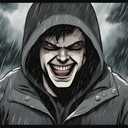 a closeup of a psychopathic young man with white eyes in a heavy coat and hood during a rainstorm laughing cartoon