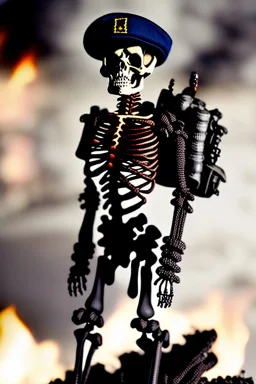 ultra high definition image of an attractive but scary looking skeleton, rising from the ashes, a war veteran, partially humanlike characteristics, army beret and ripped amo wear, very detailed, chaotic background, dramatic close-up action shot of him on a burned out war tanker with a torpedo on shoulder ready to fire and ammo ,gothic and dark theme, 12k