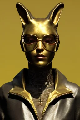 Medium Close Up Portrait, Front image. cyberpunk, rabbit mask, sweet woman, gold hair. Leather, feather suit army. Yellow, red, color. Gucci style. Color background, photo studio. Avatar image, highly detailed, concept art, smooth, unreal engine 5, ray tracing, RTX, lumen lighting, ultra detail, volumetric lighting, 3d, finely drawn, high definition, high resolution.