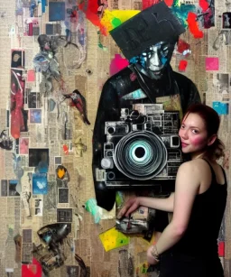 happy beautiful girl holding big proffesional camera in studio. street art, oil on canvas, spray paint, collage, letters, newspapeers, Dave McKean, Vladimir Fedotko, Saturno Butto, Vaughn Bodé, Frank Wu, James C. Christensen, collage, dirty, paint dripping, radiant