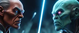 Close-up confrontation between an ancient alien outcast leader and a space broker, standing only a meter apart, intense eye contact, huge glowing crystalline rod between them, anger mixed with sadness, dramatic facial expressions, shallow depth of field, cinematic lighting, stylized 3D anime, airbrush painting, crisp outlines