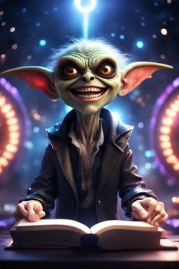 hypnosis survivor at 1hit.no,book cover illustration, portrait of ultimate transcendent happy chat gremlin vampire space with spotlights, in front of space portal dimensional glittering device, bokeh like f/0.8, tilt-shift lens 8k, high detail, smooth render, down-light, unreal engine, prize winning