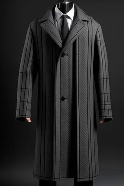 Man's grey long wool coat with embossed black large bars