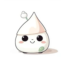 drawing of cute small mochi character with birthday hat on, on white background