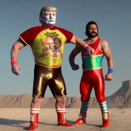 Realistic image of Donald trump wrestler, Mexican wrestling style, Mexican wrestling mask for eyes, red and blue breeches, glow us flag dress, suspenders, retro style, 80s, vibrant color, highly detailed, sky background, concept art, unreal engine 5, god rays, ray tracing, RTX, lumen lighting, ultra detail, volumetric lighting, 3d, finely drawn, high definition, high resolution.