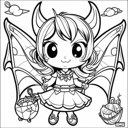 create a 2d black outline, " kawaii devil girl with bat wings coloring book for kids", coloring page, low details design, black contour, coloring page design, colorful , card style, coloring page for kids, halloween backgorund,sketch style,