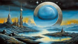 the giant shiny Moon on the sky, atars and glitters on the sky, etheral, mystic art, blue, silver, black colors, ethereal fantasy hyperdetailed mist style by dali, bosch, kandinsky