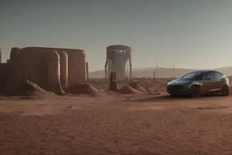A Tesla 'Model Y' is parked, in Mos Eisley on the planet Tatooine. (CINEMATIC, WIDE ANGLE LENS, PHOTO REAL)