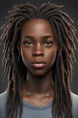 realistic black woman, eighteen years old, round face, rounded face, soft face, cunning eyes, dreadlocked hair, dark skin