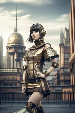 full body picture of a woman with a bob, a fringe hairstyle, Cleopatra clothing futuristic steampunk, city background