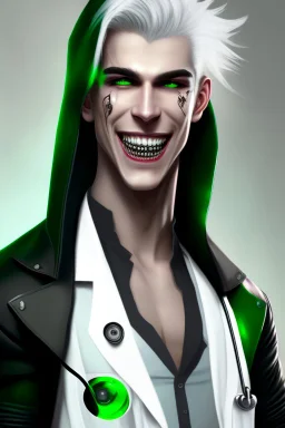 plauge doctor in balck leather clothes with silver hair, pale skin and bright green eyes smiling with sharp teeth, nice young face