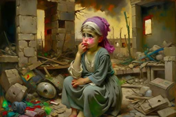 Grey sky, crying little palestinian girl wearing kuffeah , rocks, destroyed buildings , emotional influence, friedrich eckenfelder and willem maris impressionism paintings