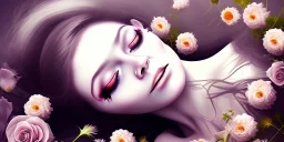 dead girl buried in flowers, beautiful, eyes closed, laying down, gothic, decapitated head