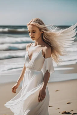 Angel with blonde hair and a white dress on the beach