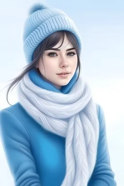 Mooie vrouw, winterkleren in blauw en wit, sjaal om haar nek, wollen muts op haar hoofd, realistic, background in snow, realistic, ful image
