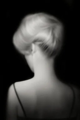 Mujer rubia de espaldas, retrato huge primer plano., iluminada potentemente desde atrás, Imagen en blanco y negro vaporoso, al estilo de la foto del fotógrafo Hugo Alonso.