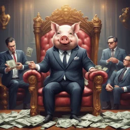 rich pig in suit on a throne making stacks of money by making a deal with a buisnessman. background of musicians