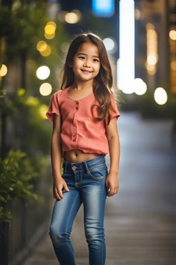 Little 6 years old beautiful girl perfect face,1girl wearing a pretty shirt and jean pant, standing pose,modern city ,night view