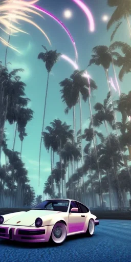 1980's aesthetic vaporwave palm trees and spheres and Porsche with lightning