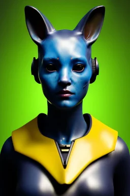 Medium Close Up Portrait, Front image. cyberpunk, rabbit mask, Chinese woman, yellow short hair. latex, glossy suit. Yellow, black, red, color. Star Wars style. Color background, photo studio. Avatar image, highly detailed, concept art, smooth, unreal engine 5, god rays, ray tracing, RTX, lumen lighting, ultra detail, volumetric lighting, 3d, finely drawn, high definition, high resolution.