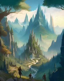 A fantastical, Tolkien-inspired illustration of a sprawling, ancient landscape, featuring towering mountains, lush forests, and a majestic elven city, with a small band of adventurers embarking on an epic quest, evoking a sense of wonder and adventure.