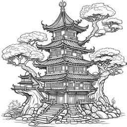 outline art for square twisted japanese castle old oak tree coloring page for kids, classic manga style, anime style, realistic modern cartoon style, white background, sketch style, only use outline, clean line art, no shadows, clear and well outlined