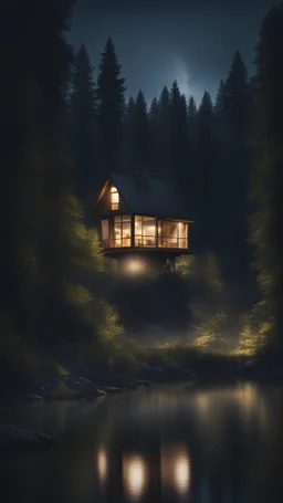 Simple house in the middle of the forest by the river at night