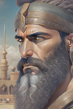Mesopotamian warrior, expression serious, aura, portrait, background Mesopotamian city, comic style, long beard,