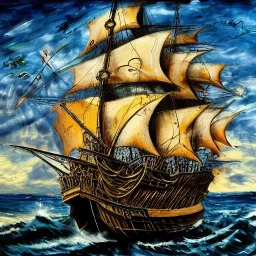 The beautiful pirate ship in the ocean, complex, incomprehensible, 3D, bulky, symmetrical, artistic, 4K, 8K, by Jackson Pollock, a living, real and natural work