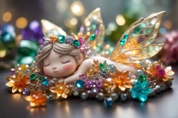 closeup, cute chibi sleeping fairy, Coloured glass flowers set with gemstones, glittering metal stems and gemstone leaves on a room table sharp focus elegant extremely detailed intricate very attractive beautiful dynamic lighting fantastic view crisp quality exquisite detail in the sunshine gems and jewels