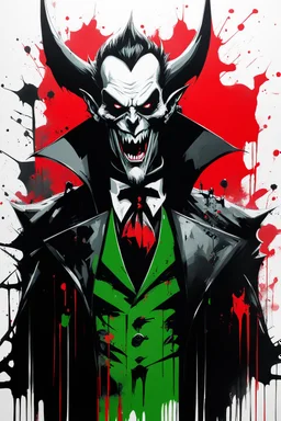 graffiti art of cartoon Dracula monster, elaborate acrylic spray paint by Yoji shinkawa + nick Edwards style with bold brushstrokes, romantic, glazing, red, black, green, white