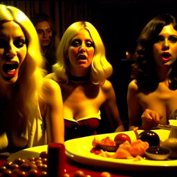 Horror movie shot, hot ultra realistic, dine, ultra realistic hot blonde women, party, pieces of meat, organs, hot dynamic, very excited people, hypermaximalist figures, light, 1970's Italian horror movie, sinister,, Dario Argento, Stanley Kubrik, ornate, 4k, photorealism