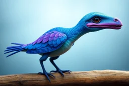 adorable blue and purple bird, elongated like a dino, with human face