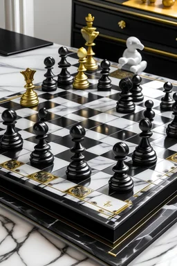 A marble white with grey swirls chess board with black and gold gorilla theme chess set