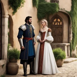 In a picturesque corner of a medieval village, the proud Count Rui Pereira poses alongside Eufémia, a lady of sharp wit and seductive gaze. United by a marriage of convenience, planned to strengthen alliances and enrich both houses, they present themselves as a perfect couple in the eyes of the court. However, behind the smiles and elegant gestures lie strategies, secrets, and ambitions. The scene, bathed in golden light and framed by stone and wood facades, captures the theatricality and charm