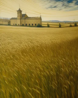 A beige wheat field near a prison painted by Vincent van Gogh