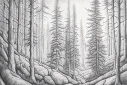 Norwegian forest, woodland- Pencil drawing, illustrative, graphite, crosshatching, blending