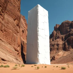 L'immagine mostra una struttura alta e imponente, simile a un muro bianco monolitico, posizionata in un paesaggio desertico. La superficie del muro è caratterizzata da un'apparente fragilità, con fratture irregolari e bordi sbriciolati, come se fosse stato eroso o spezzato. A sinistra e a destra del muro si intravedono pareti rocciose naturali, che contrastano per colore e texture con la superficie artificiale della struttura bianca. La scena crea un senso di opposizione tra natura e artificio