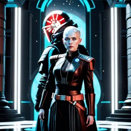 a bold and heroic bald male Corellian pilot in black and metallic grey First Order special forces gear meets a female Jedi Master in ancient, mystical temple, hyperdetailed, dynamic lighting, hyperdetailed background, 8k resolution, volumetric lighting, light skin, fully symmetric details