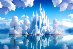 fairy big white gold castle with white trees, water background, white mountain many stars in blue sky with fairy