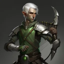 Please create an image for a young elven male with light brown skin, silver hair, and green eyes. He is carrying a crossbow and is accompanied by a metallic robot