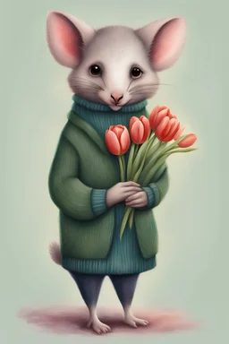Green possum wearing cardigan holding a bouquet of tulips cute art